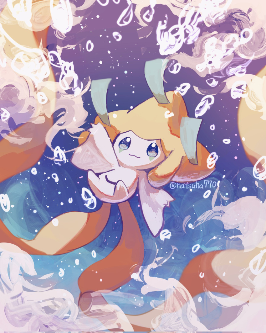 blurry, closed_mouth, commentary_request, highres, jirachi, natsuha770, no_humans, outdoors, outstretched_arms, pokemon, pokemon_(creature), smile, smoke, solo, twitter_username, watermark