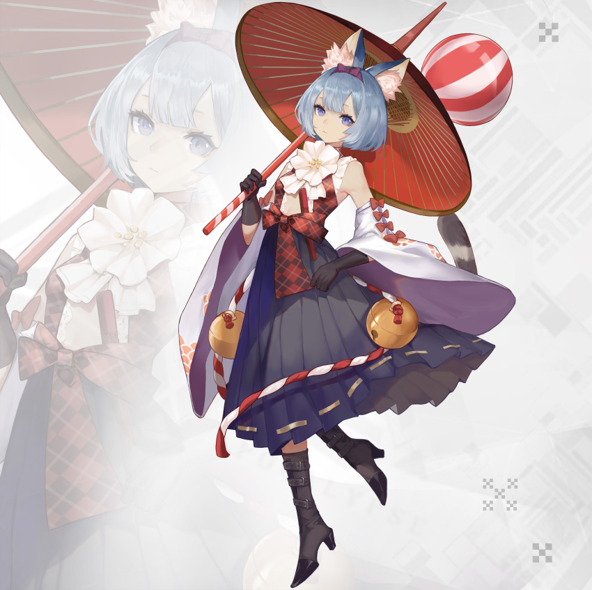 1girl, absurdres, animal_ear_fluff, bangs, black_footwear, black_gloves, black_skirt, blue_eyes