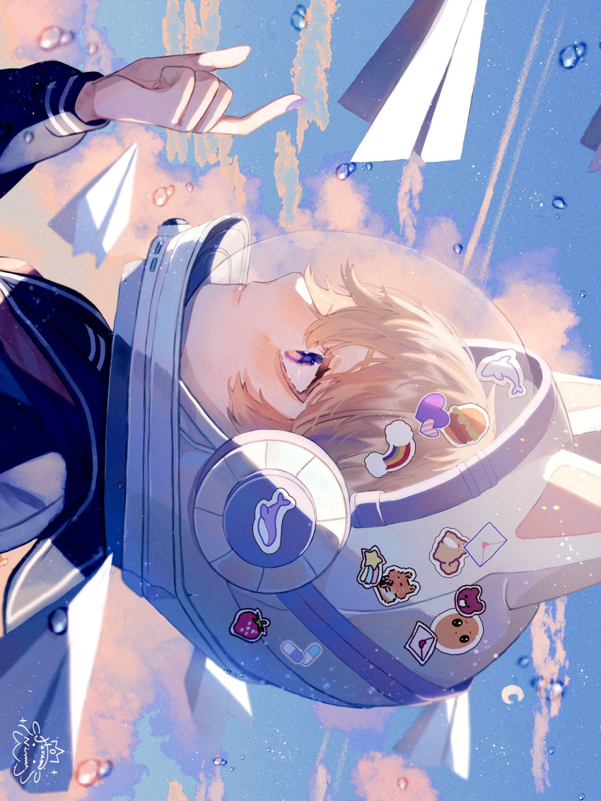 1boy, animal_ears, blonde_hair, blue_sky, cat_ears, clouds, cloudy_sky, day, harumi_nimu, helmet, highres, long_sleeves, male_focus, original, paper_airplane, short_hair, sky, solo, sticker, symbol-only_commentary, violet_eyes