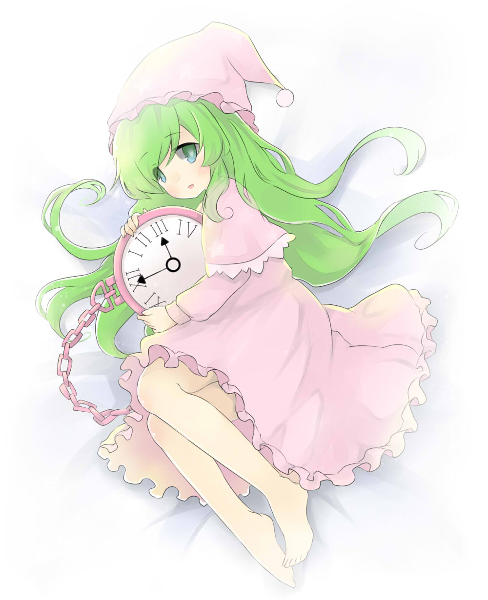 analog_clock, bare_legs, barefoot, blush, capelet, chain, clock, commentary_request