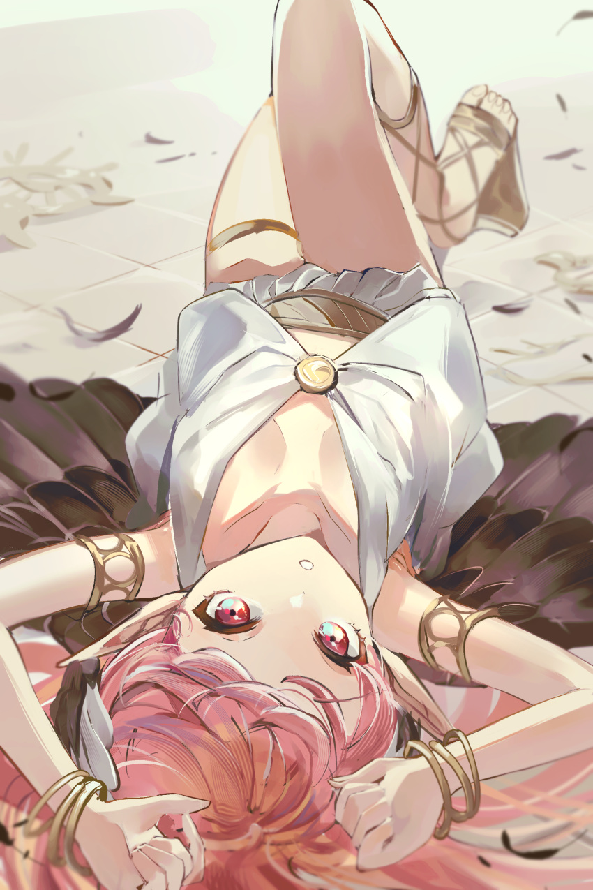 1girl, absurdres, armlet, bracelet, breasts, circe_(fate), fate/grand_order, fate_(series), feathers, highres, jewelry, kansya, long_hair, lying, on_back, pink_eyes, pink_hair, pointy_ears, small_breasts, wings