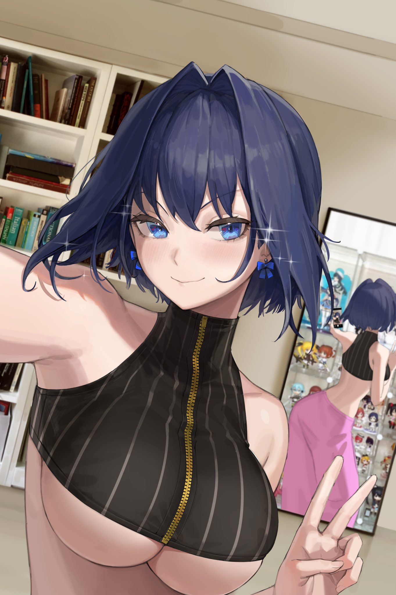 1girl, bangs, bare_shoulders, blue_eyes, blue_hair, book, bookshelf, breasts