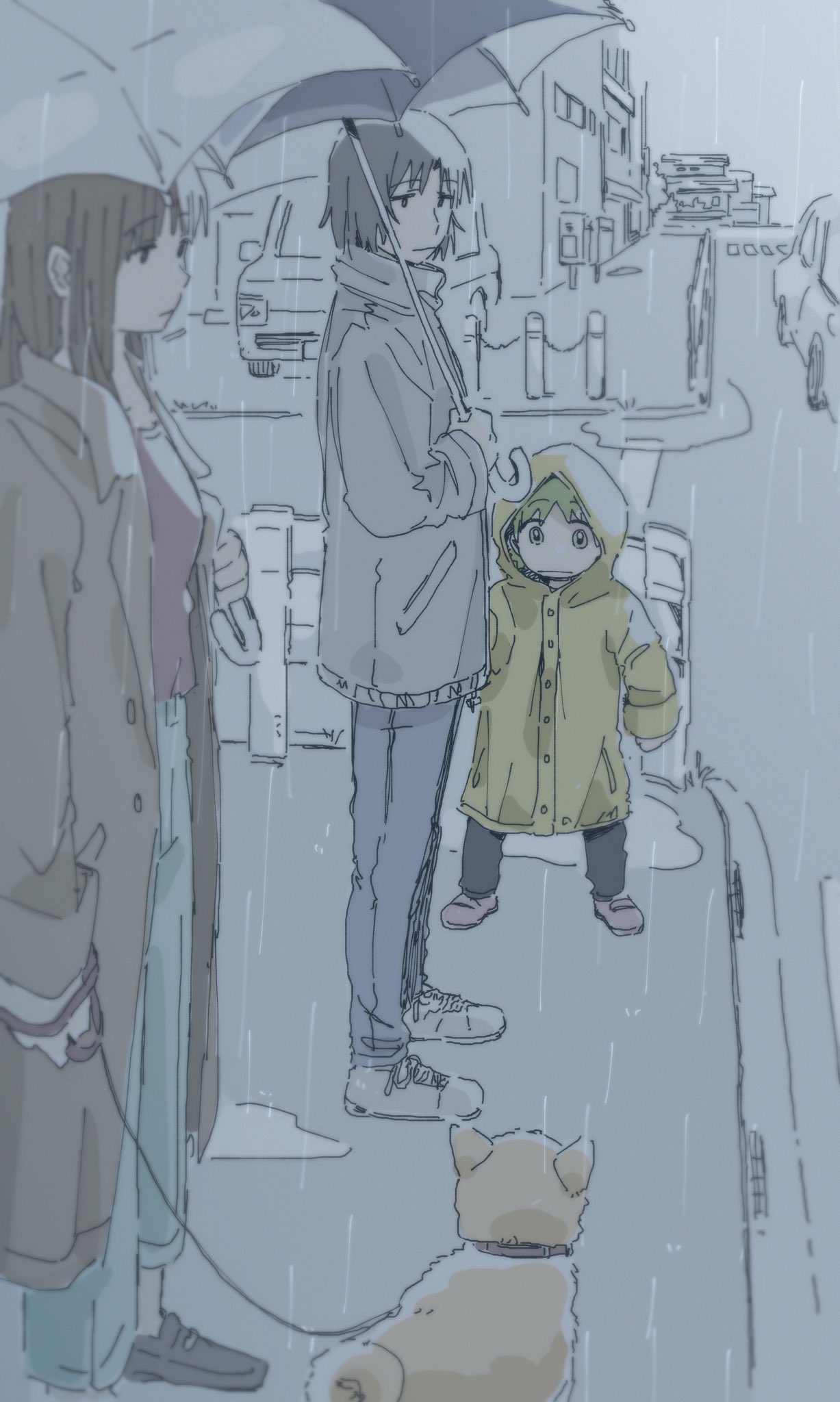 1boy, 2girls, bangs, black_hair, brown_hair, dog, father_and_daughter, green_hair