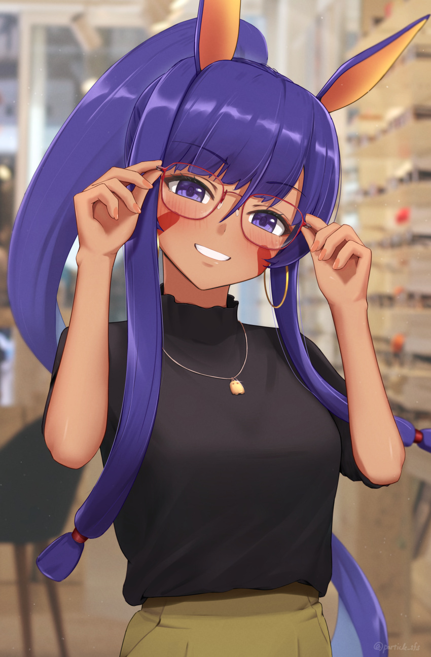 1girl, absurdres, bespectacled, black_shirt, blush, dark-skinned_female, dark_skin, earrings