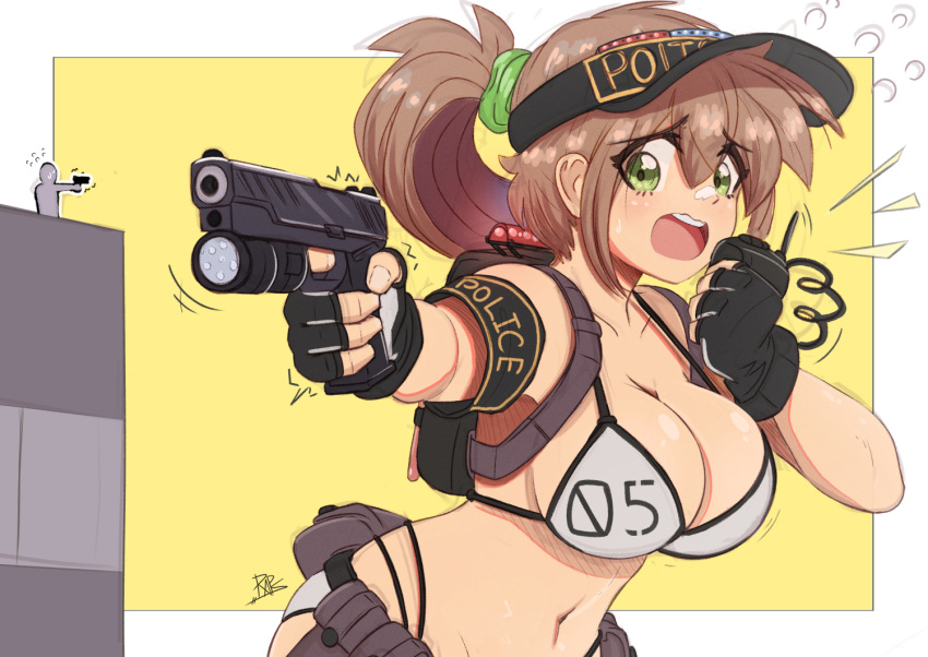 1boy, 1girl, armband, backpack, bag, bikini, black_gloves, breasts