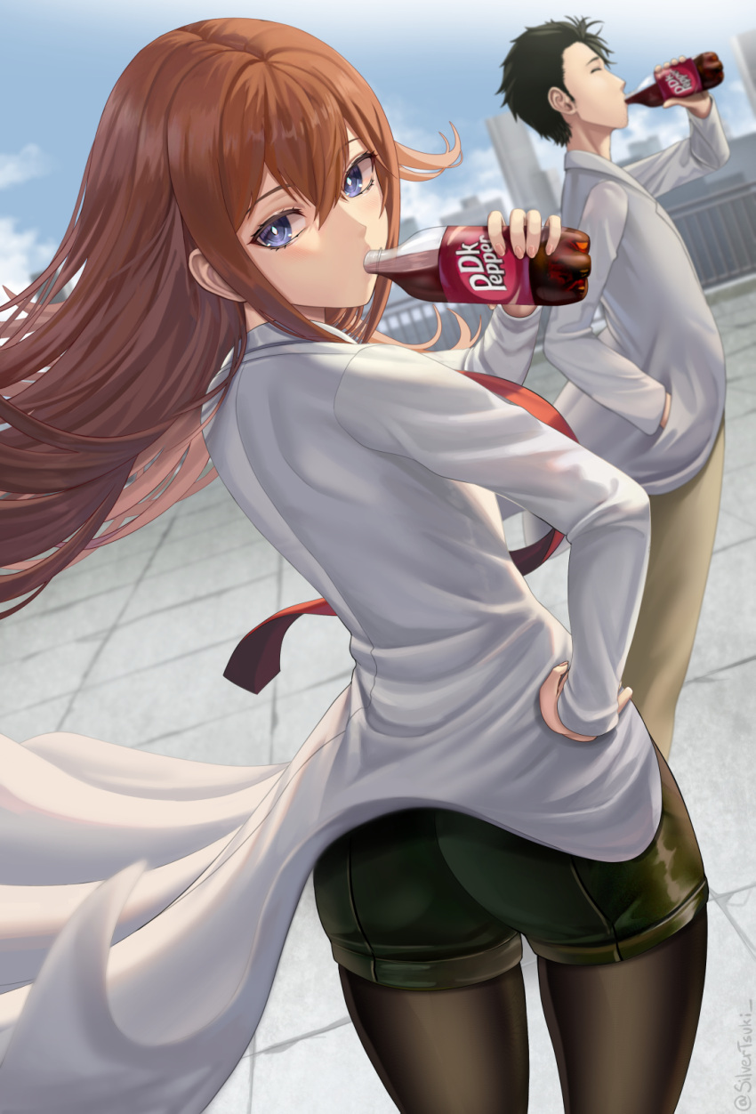 1boy, 1girl, ass, bangs, black_hair, black_legwear, blue_eyes, bottle
