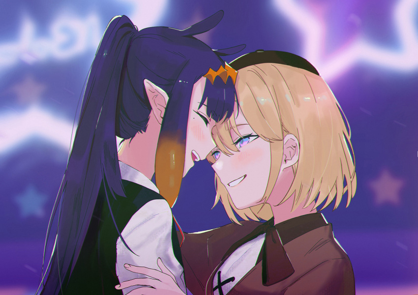 2girls, blonde_hair, blurry, blurry_background, blush, closed_eyes, commentary_request, crow_(aaaaaaa068345)
