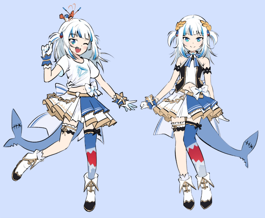 1girl, ;d, animal_on_head, bare_shoulders, belt, blue_background, blue_eyes, blue_hair