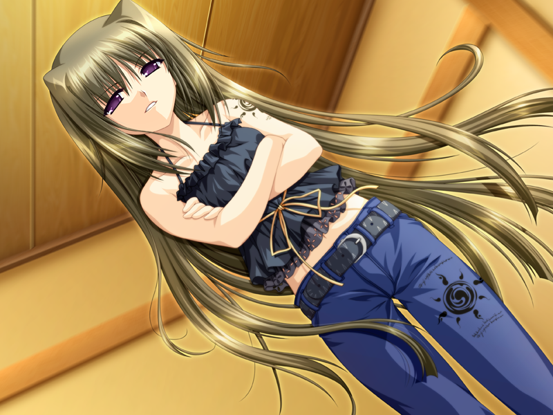1girl, alpha_(yukai_na_nakamatachi), bangs, bare_arms, belt, belt_buckle, black_shirt, blue_pants