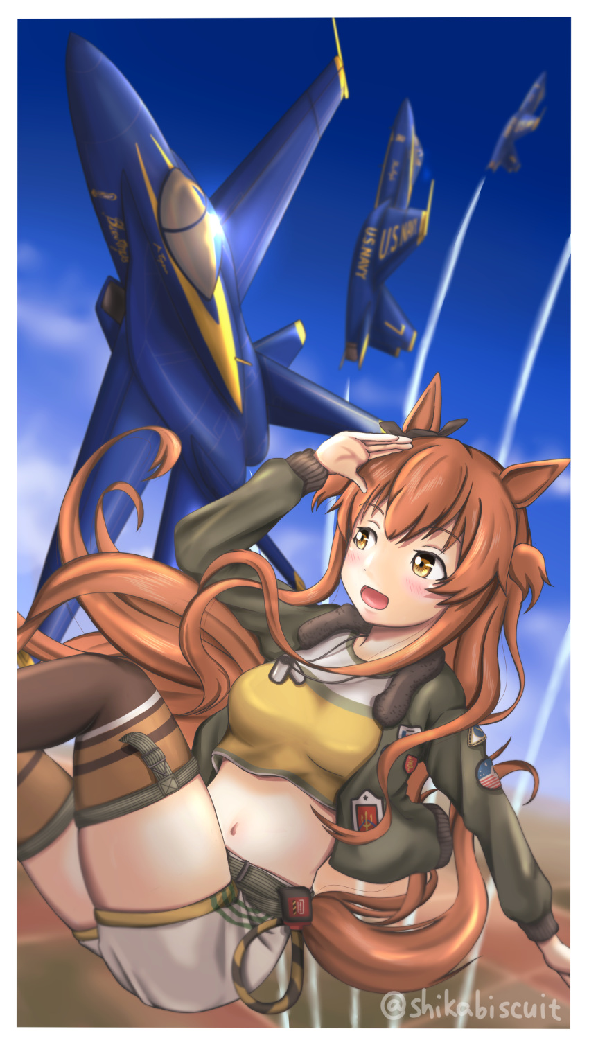 1girl, :d, absurdres, aircraft, airplane, animal_ears, arm_up, bangs