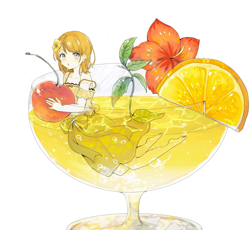 1girl, brown_hair, cherry, cocktail, cocktail_flower, cocktail_glass, cup, dress