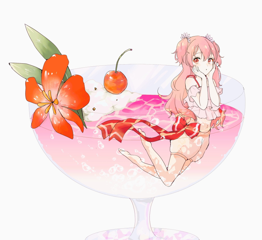 1girl, cherry, cocktail_flower, cocktail_glass, cream, cup, drinking_glass, flower