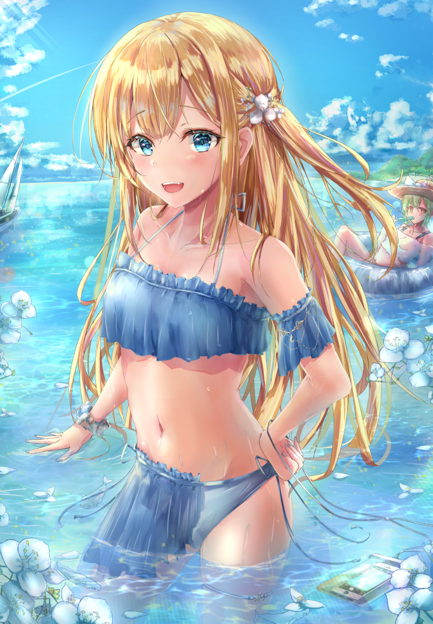 2girls, :d, afloat, bangs, bikini, blonde_hair, blue_bikini, blue_eyes