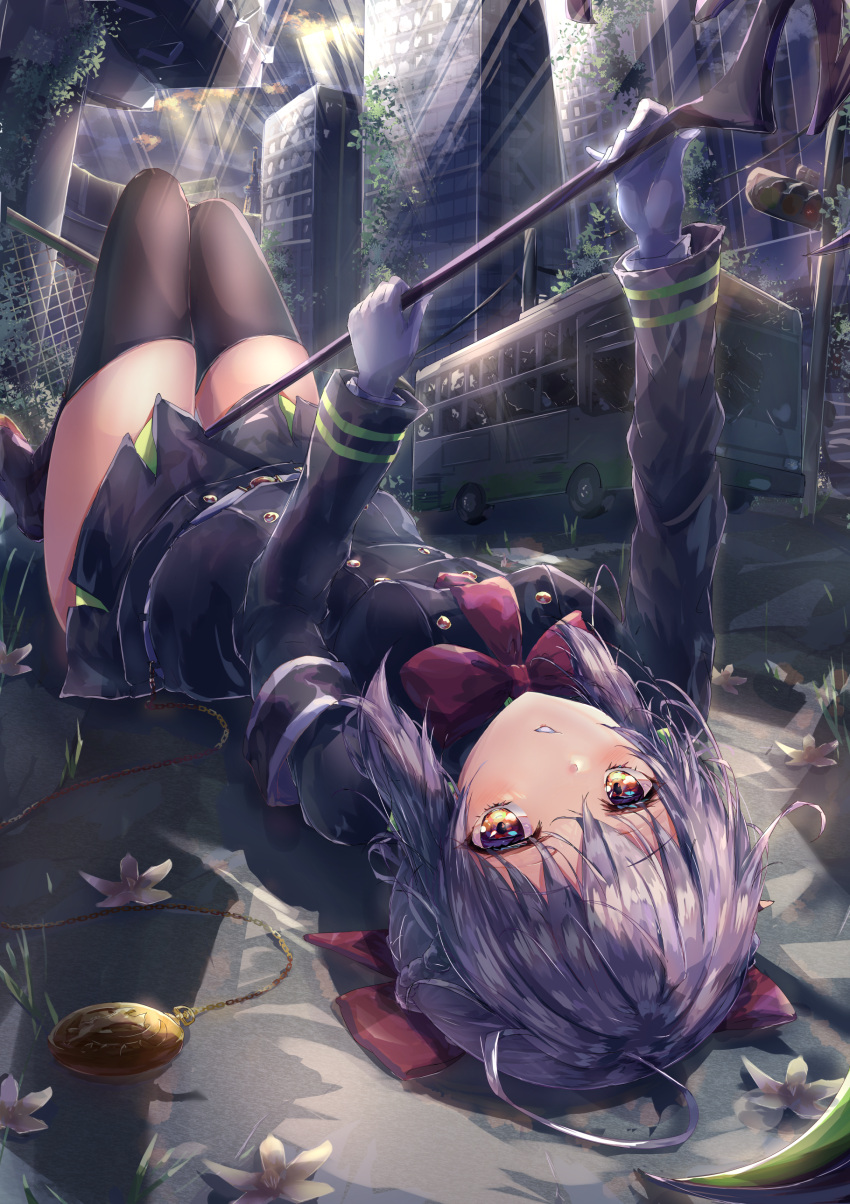 1girl, absurdres, armband, bangs, black_legwear, bow, bus, eyebrows_visible_through_hair