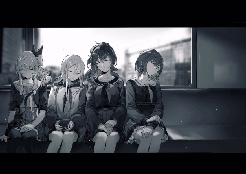akiyama_mizuki, asahina_mafuyu, ground_vehicle, highres, kagerou_project, monochrome, multiple_girls, nashinashi