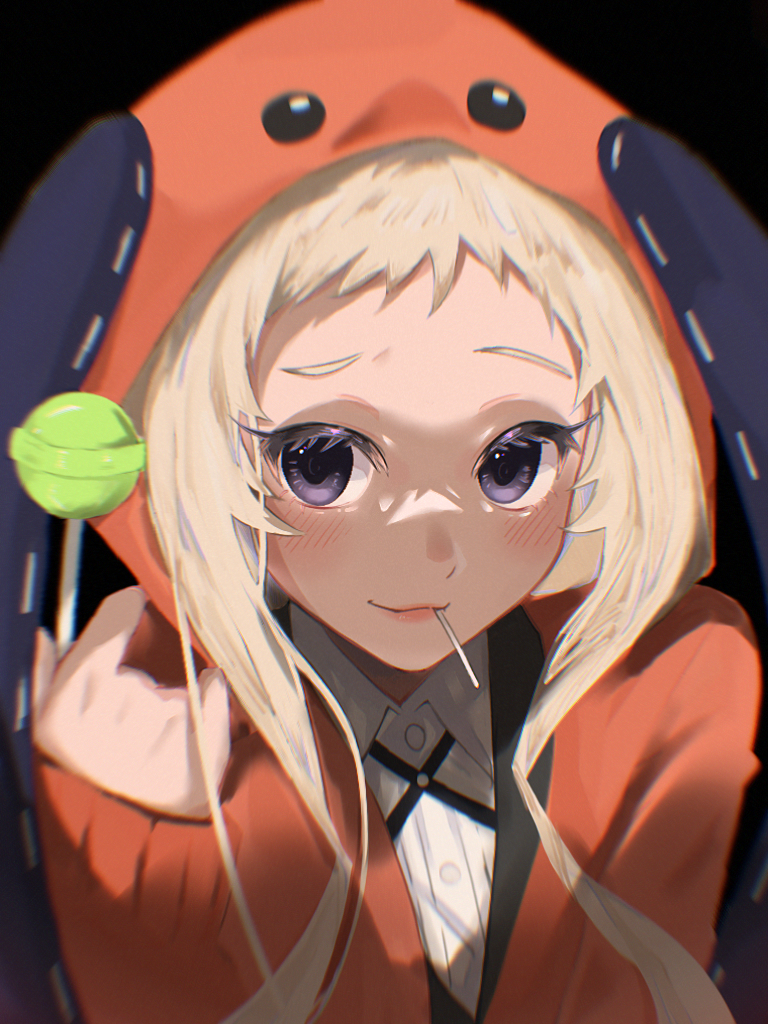 1girl, animal_hood, blonde_hair, blush, candy, food, hood, hyakkaou_academy_uniform, jacket, kakegurui, kkheicho, lollipop, long_hair, long_sleeves, looking_at_viewer, orange_jacket, ribbon, school_uniform, smile, solo, violet_eyes, yomozuki_runa