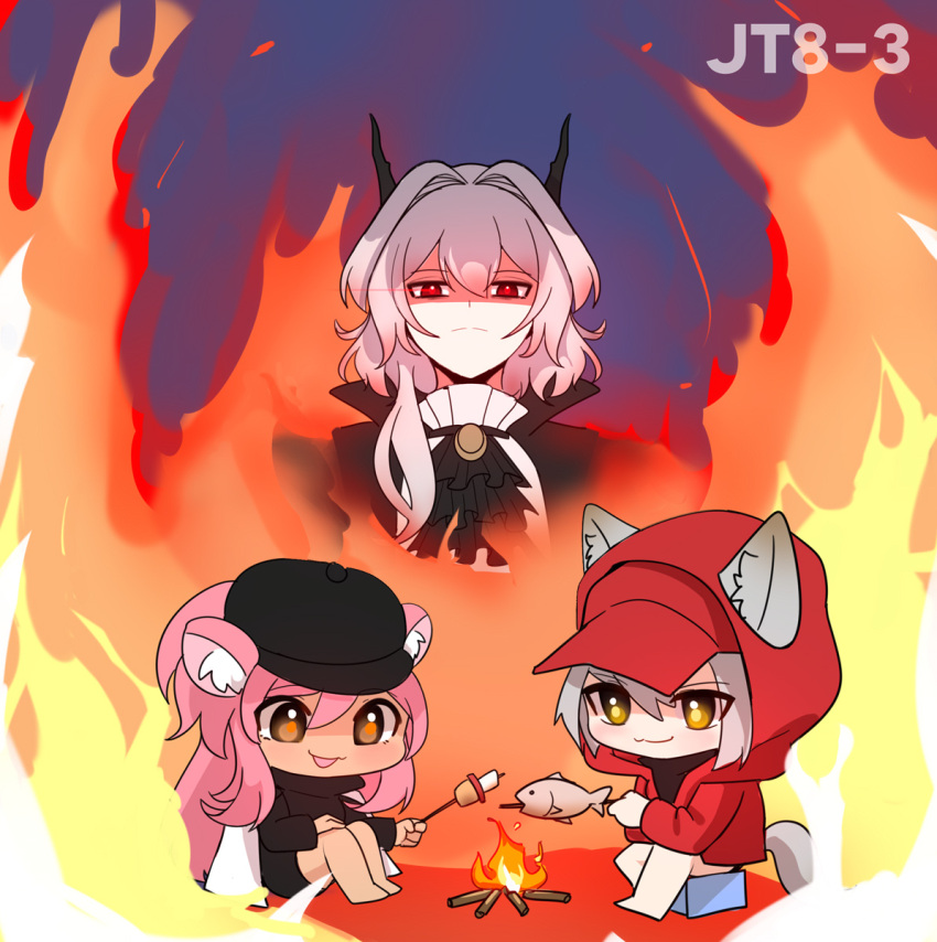 3girls, :3, :d, animal_ears, arknights, ascot, black_ascot, black_dress