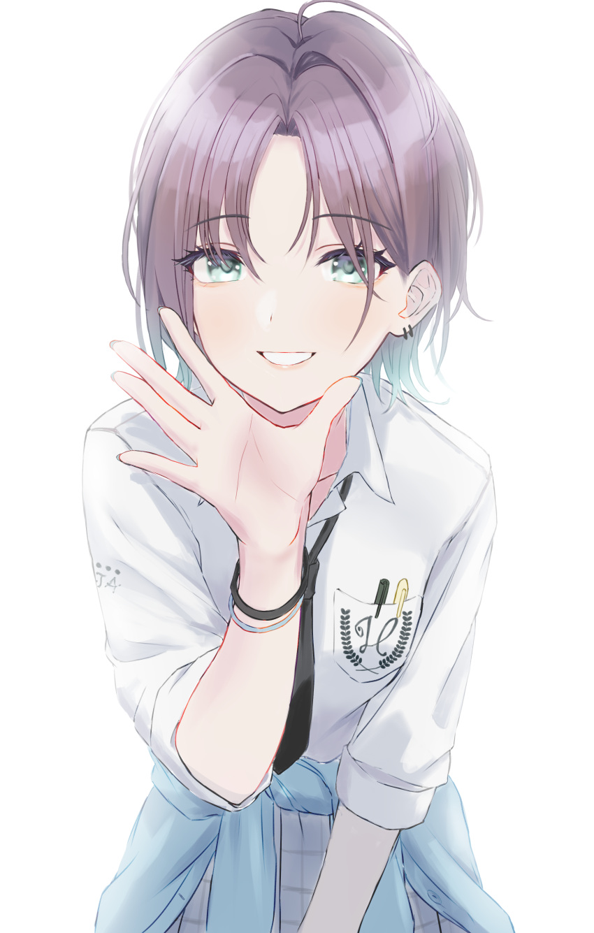 1girl, absurdres, ahoge, aqua_eyes, asakura_tooru, black_necktie, black_neckwear, blue_hair, blue_jacket, bracelet, breast_pocket, brown_hair, clothes_around_waist, commentary_request, earrings, gradient_hair, highres, idolmaster, idolmaster_shiny_colors, jacket, jacket_around_waist, jewelry, looking_at_viewer, multicolored_hair, naruse_u, necktie, pen_in_pocket, pocket, school_uniform, short_hair, solo, white_background