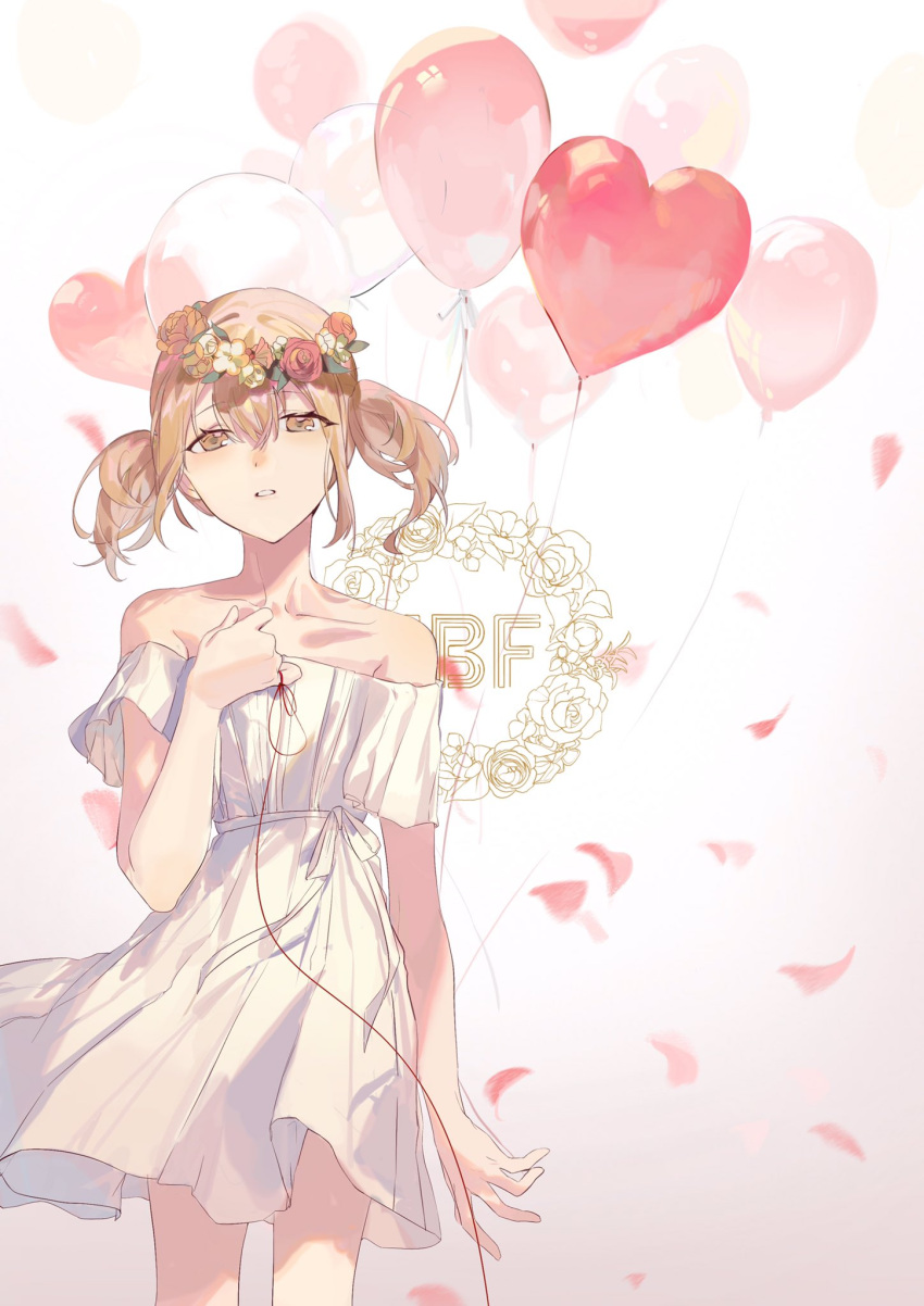1girl, azusawa_kohane, balloon, bare_shoulders, blonde_hair, dress, head_wreath, highres