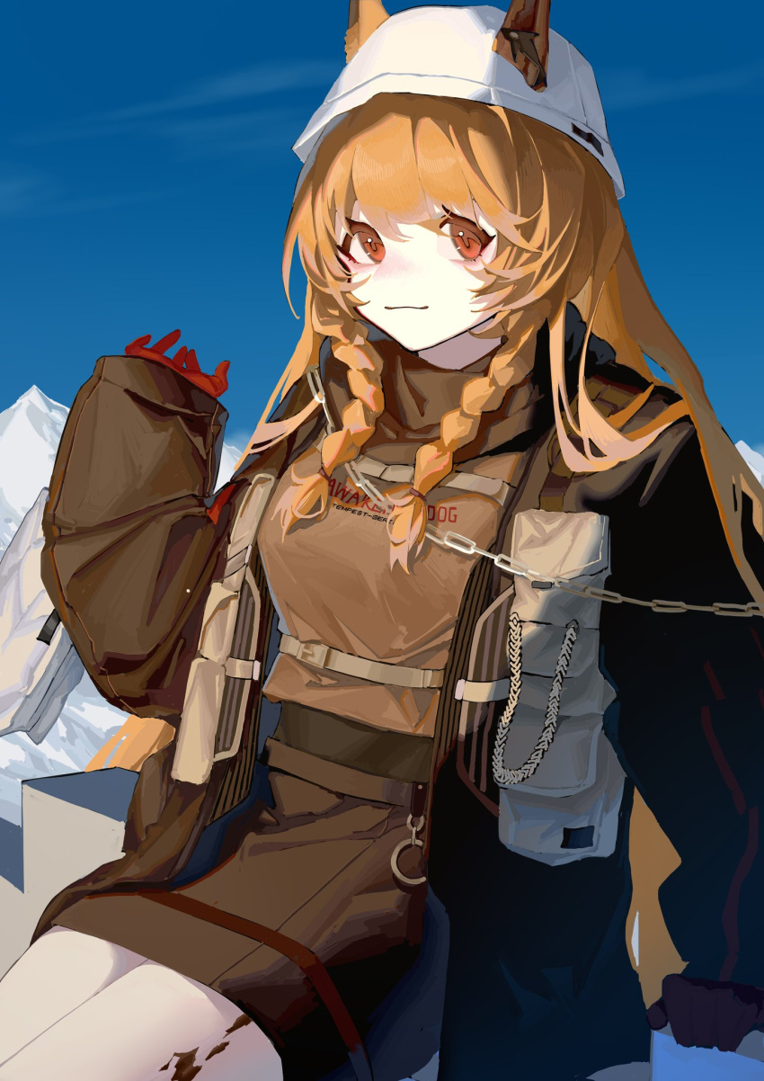 1girl, animal_ears, arknights, artist_name, awakeningdog, blue_sky, braid, brown_hair, brown_jacket, brown_shirt, brown_skirt, ceobe_(arknights), ceobe_(unfettered)_(arknights), cowboy_shot, dog_ears, ears_through_headwear, gloves, hand_up, hat, highres, jacket, long_hair, long_sleeves, mountain, official_alternate_costume, oripathy_lesion_(arknights), outdoors, red_eyes, red_gloves, shirt, side_braids, sitting, skirt, sky, solo, white_headwear