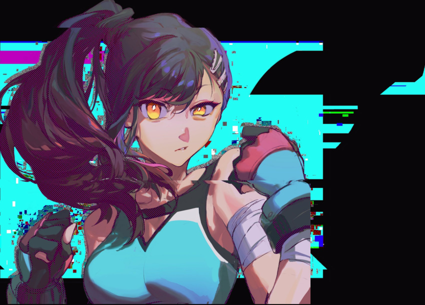 1girl, black_hair, boxing, boxing_gloves, glitch, highres, long_hair, looking_at_viewer