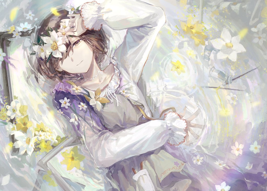 1girl, brown_eyes, brown_hair, dress, flower, flower_hat, flower_on_liquid, long_sleeves