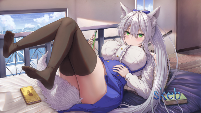 1girl, animal_ears, bed, black_legwear, blush, book, borrowed_character, bow