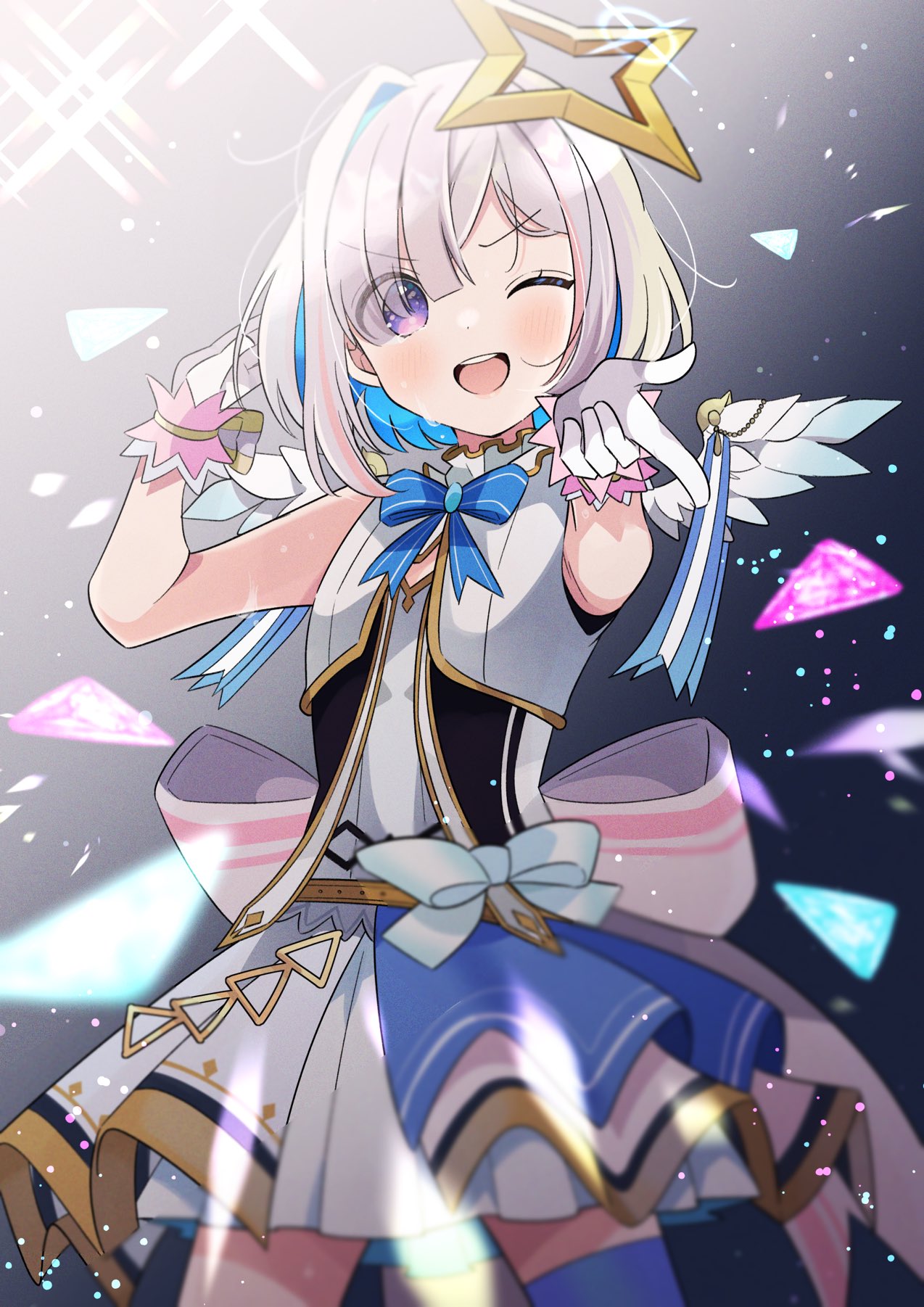 1girl, ;d, amane_kanata, bangs, blue_bow, blue_bowtie, blue_hair, blue_legwear