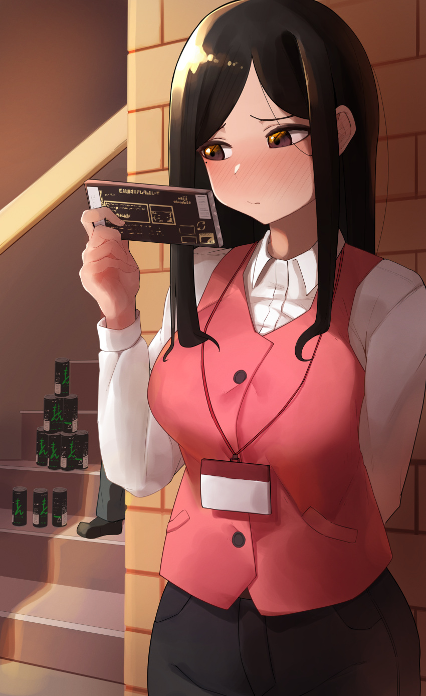 1girl, absurdres, arm_behind_back, black_hair, blush, breasts, brown_eyes, can