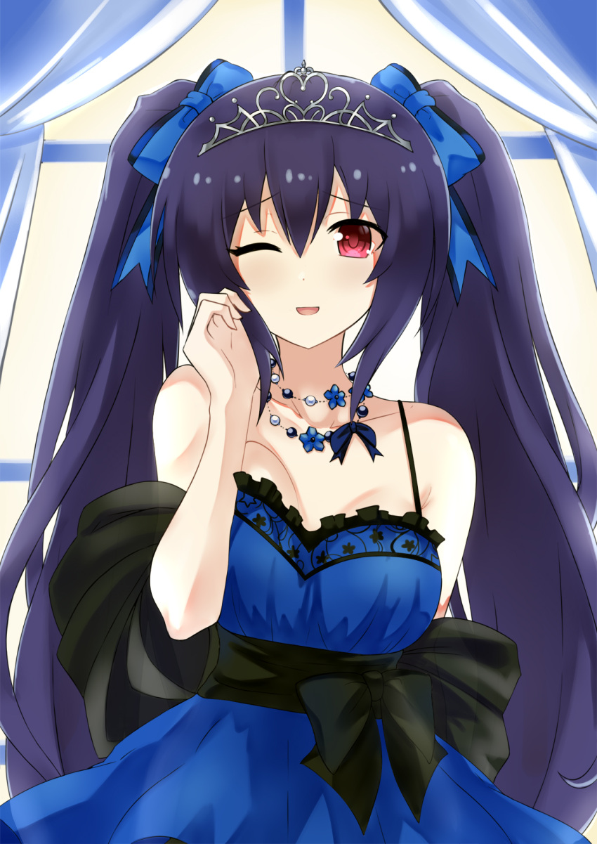 1girl, alternate_costume, bare_shoulders, black_hair, blue_dress, blue_ribbon, breasts, collarbone, dress, english_commentary, hair_between_eyes, hair_ornament, hair_ribbon, highres, indoors, long_hair, looking_at_viewer, neptune_(series), noire_(neptune_series), one_eye_closed, open_mouth, red_eyes, ribbon, smile, solo, tiara, twintails, window, zatsu