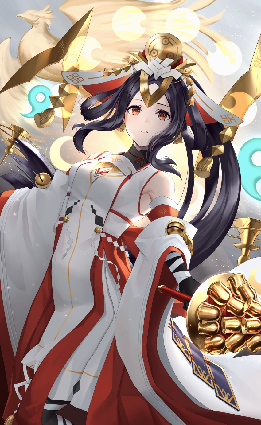 1girl, absurdres, bangs, bell, black_hair, breasts, brown_eyes, closed_mouth