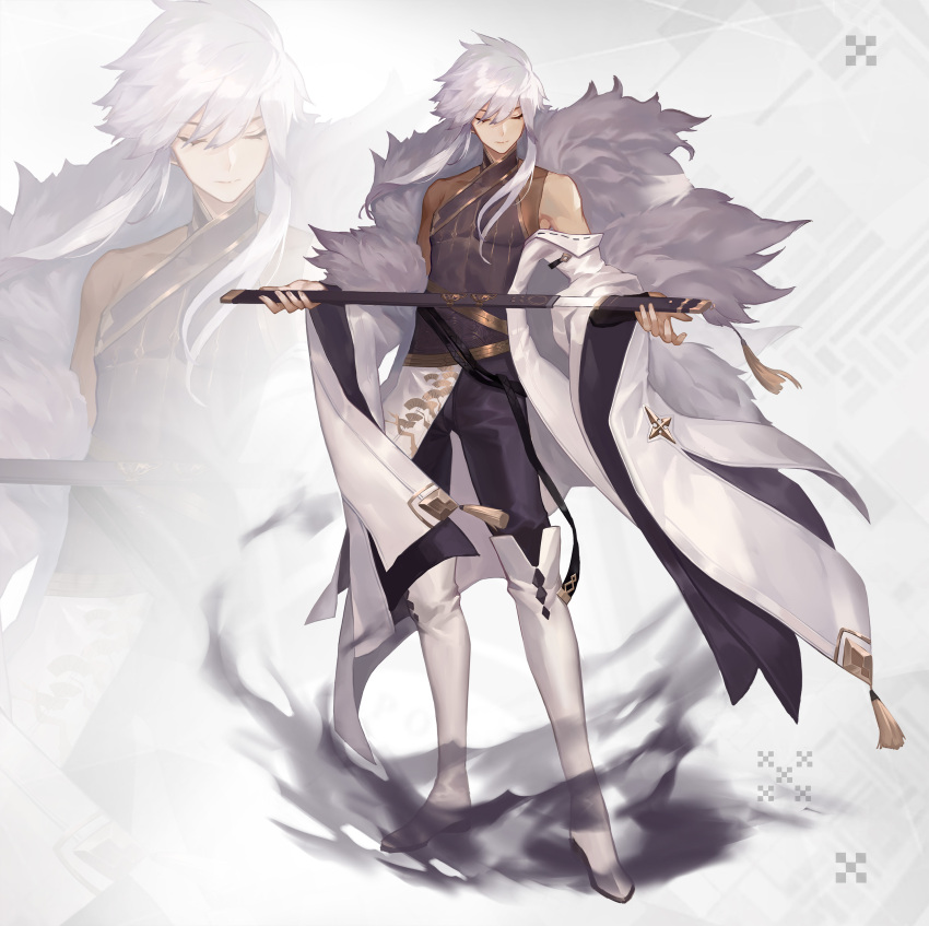 1boy, absurdres, bangs, black_gloves, black_pants, black_shirt, boots, chinese_commentary, closed_eyes, closed_mouth, coat, commentary_request, facing_viewer, fingerless_gloves, full_body, fur-trimmed_coat, fur_trim, gloves, gold_trim, grey_hair, hair_between_eyes, highres, holding, holding_sword, holding_weapon, kyoku_ryuushou_(masterwork_apocalypse), long_hair, looking_at_viewer, male_focus, masterwork_apocalypse, messikid, pants, sheath, sheathed, shirt, sidelocks, solo, sword, tassel, thigh-highs, thigh_boots, tight, tight_shirt, weapon, white_coat, white_footwear, zoom_layer