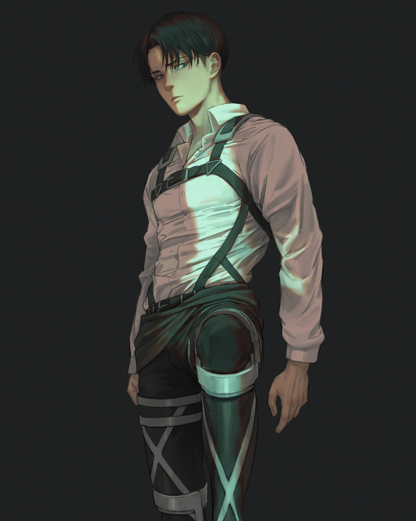 1boy, artbyshinji, belt, black_eyes, black_hair, black_pants, commentary_request, curtained_hair