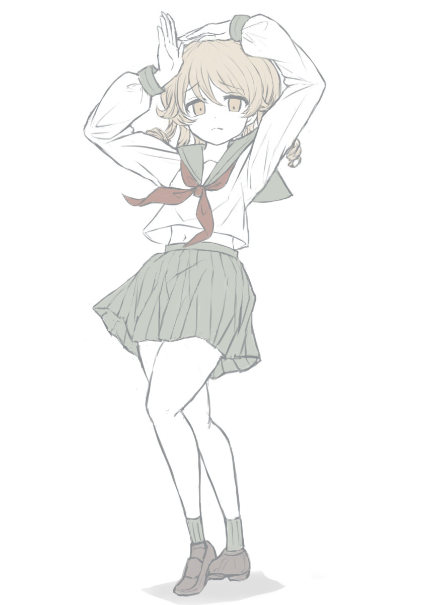 arms_up, bangs, brown_eyes, brown_footwear, brown_hair, commentary_request, drill_hair, eyebrows_visible_through_hair