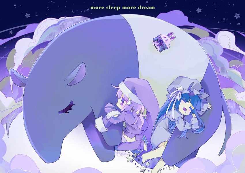 2girls, absurdres, animal, bangs, barefoot, blue_dress, blue_hair, blunt_bangs