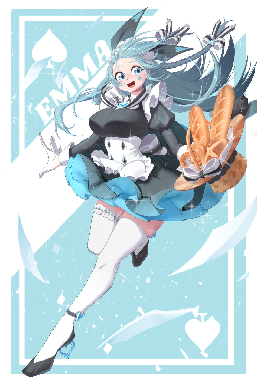 1girl, absurdres, alternate_costume, apron, baguette, basket, black_survival, blue_eyes