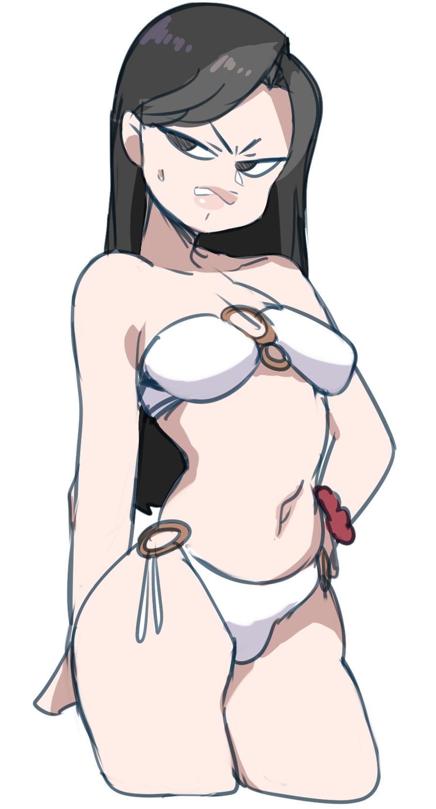 1girl, angry, bikini, black_hair, cowboy_shot, cropped_legs, hand_on_hip, heather_(total_drama), highres, lightsource, long_hair, o-ring, o-ring_bikini, parted_lips, scrunchie, shadow, simple_background, solo, swimsuit, total_drama, white_background, white_bikini, wrist_scrunchie