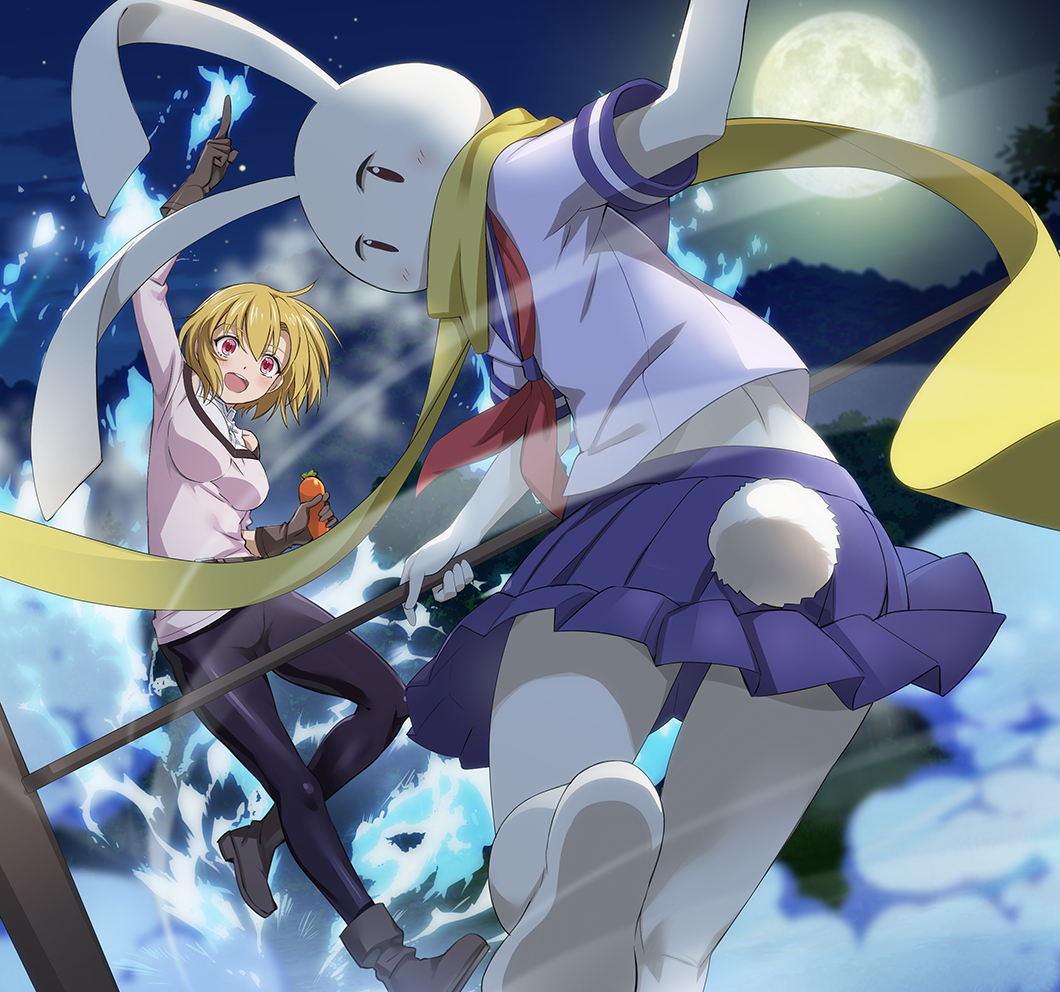 2girls, animal_ears, bangs, black_pants, blonde_hair, blue_skirt, blush, boots