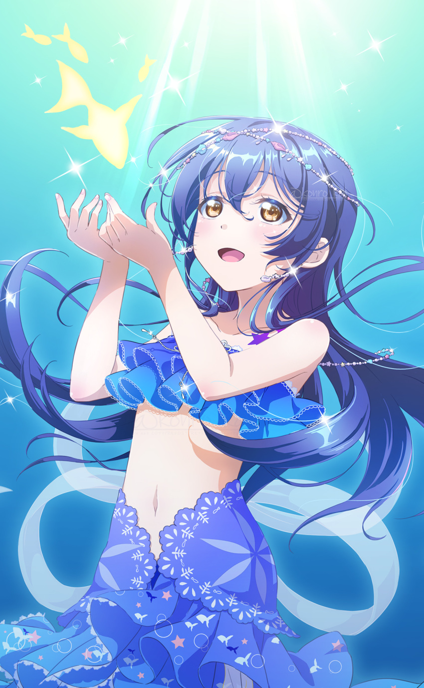 1girl, bangs, blue_background, blue_hair, blue_skirt, brown_eyes, eyebrows_visible_through_hair, fish