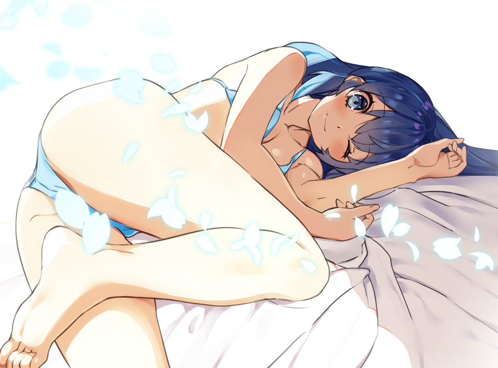 1girl, ass, barefoot, bed_sheet, bikini, blue_bikini, blue_eyes, blue_hair