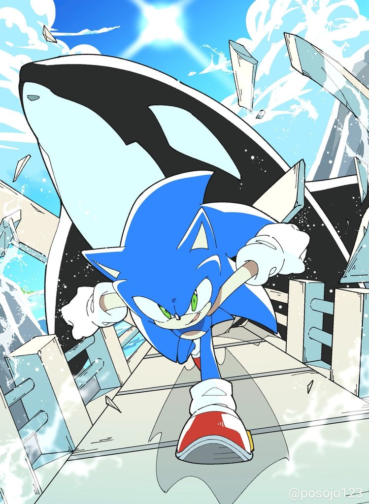 1boy, blue_sky, bridge, clouds, furry, furry_male, gloves, green_eyes, naruto_run, ocean, orca, posojo123, red_footwear, running, sky, sonic_(series), sonic_adventure, sonic_the_hedgehog, water, white_gloves