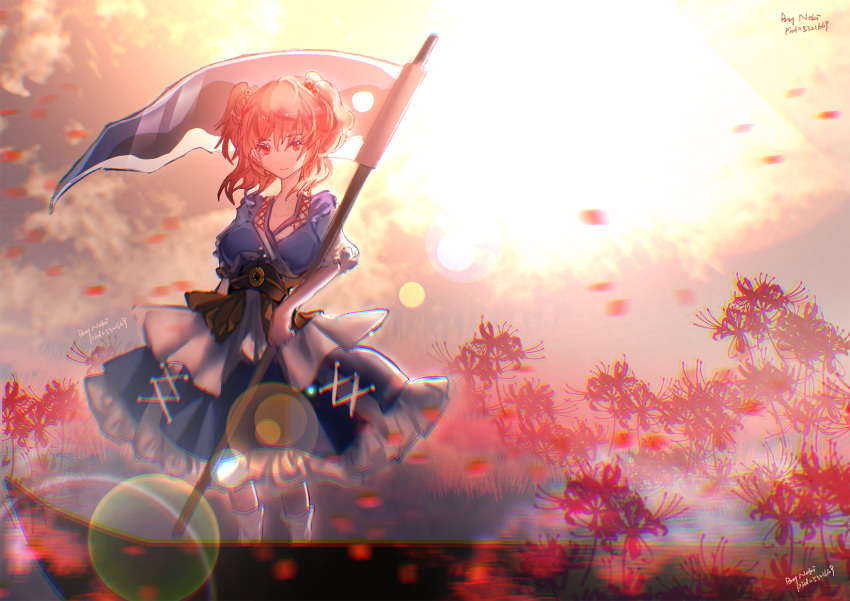 1girl, backlighting, bangs, blue_dress, boat, breasts, chromatic_aberration, closed_mouth