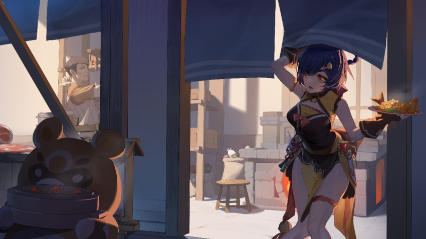 1girl, 2boys, china_dress, chinese_clothes, dress, father_and_daughter, genshin_impact, guoba_(genshin_impact), kitchen, multiple_boys, newflame, panda, short_hair, xiangling_(genshin_impact)
