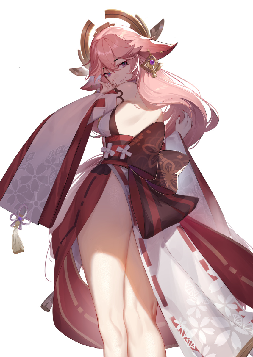 1girl, absurdres, animal_ears, bare_legs, bare_shoulders, fox_ears, genshin_impact, hair_ornament