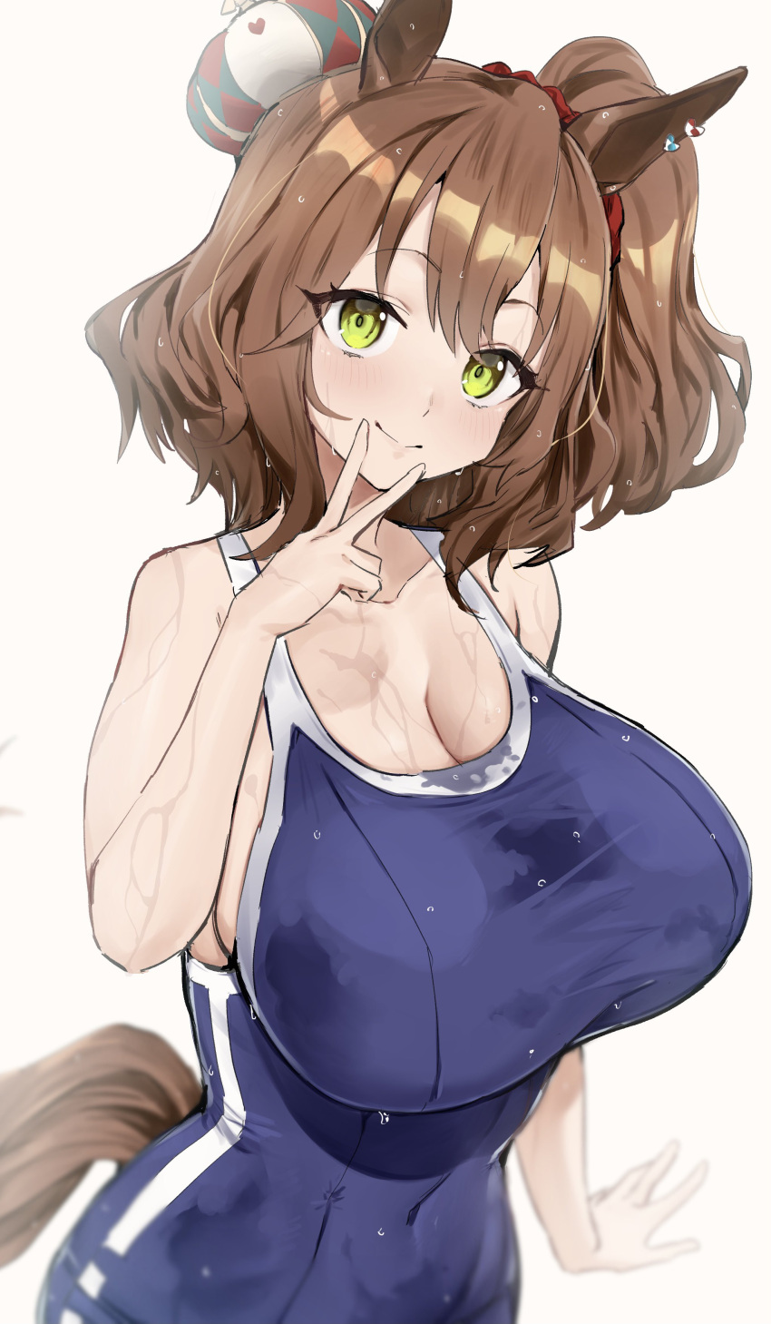 absurdres, animal_ears, aston_machan_(umamusume), bangs, bare_shoulders, blue_swimsuit, breasts, brown_hair