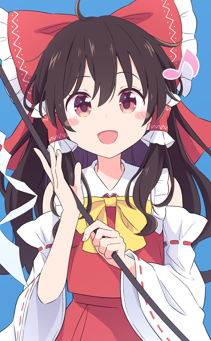 1girl, ahoge, ascot, bare_shoulders, blue_background, blush, blush_stickers, bow
