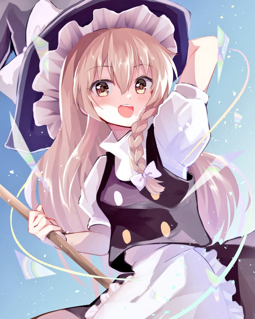 1girl, :d, apron, arm_behind_head, arm_up, bangs, black_vest, blonde_hair, blue_background, blush, broom, cowboy_shot, eyebrows_visible_through_hair, gradient, gradient_background, hair_between_eyes, happy, hat, holding, holding_broom, kirisame_marisa, long_hair, looking_at_viewer, mani_(second-dimension), open_mouth, puffy_short_sleeves, puffy_sleeves, shirt, short_sleeves, simple_background, smile, solo, teeth, touhou, upper_teeth, very_long_hair, vest, waist_apron, white_apron, white_shirt, witch_hat, yellow_eyes