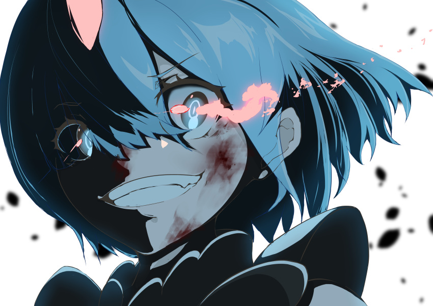 1girl, absurdres, blood, blue_eyes, blue_hair, eyebrows, fang, flaming_eyes, grin, highres, horns, maid, oni_horns, re:zero_kara_hajimeru_isekai_seikatsu, rem_(re:zero), roswaal_mansion_maid_uniform, short_hair, single_horn, smile, solo, toshiba_(5275), white_background, yandere