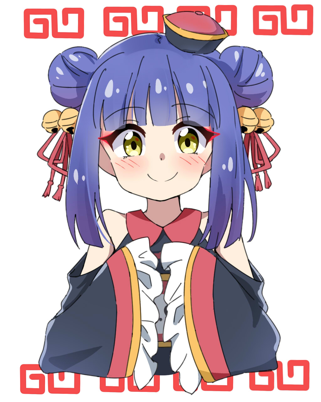 1girl, bangs, bell, black_dress, black_headwear, black_sleeves, blue_hair, blush