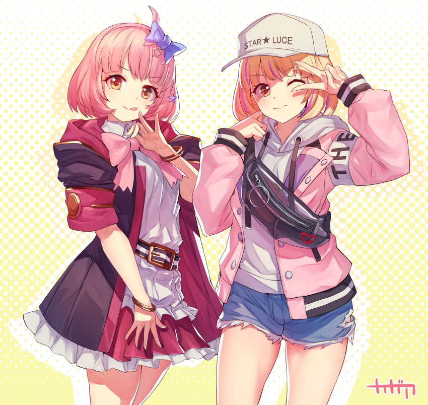 2girls, :q, ;), absurdres, arpeggio_kaga, artist_name, bangs, baseball_cap